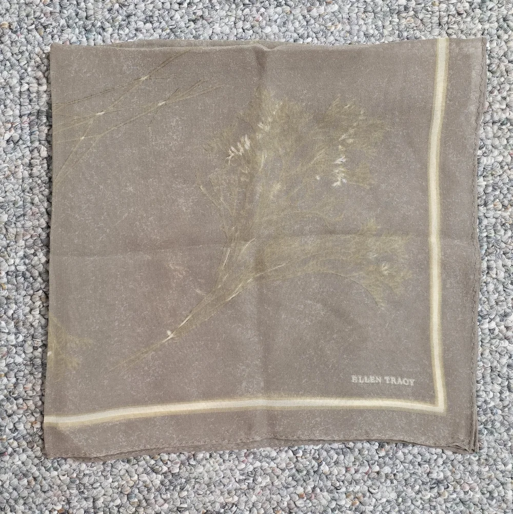 Ellen Tracy Taupe Floral Sprig Square Silk Neck Scarf